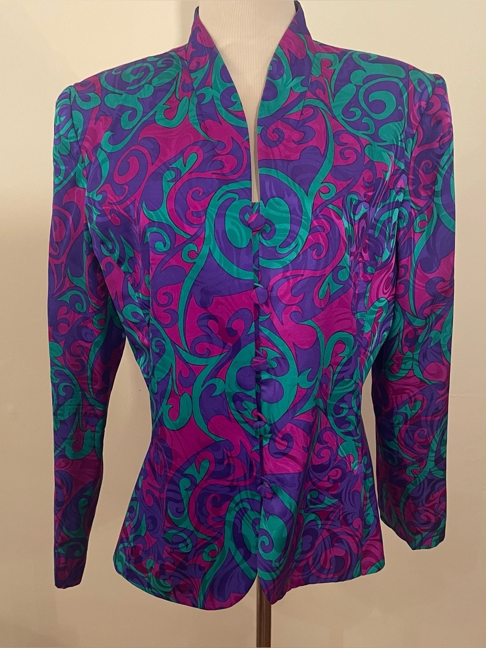 Vintage Adrianna Papell Purple, Teal & Pink silk Printed Tailored size 12 Jacket
